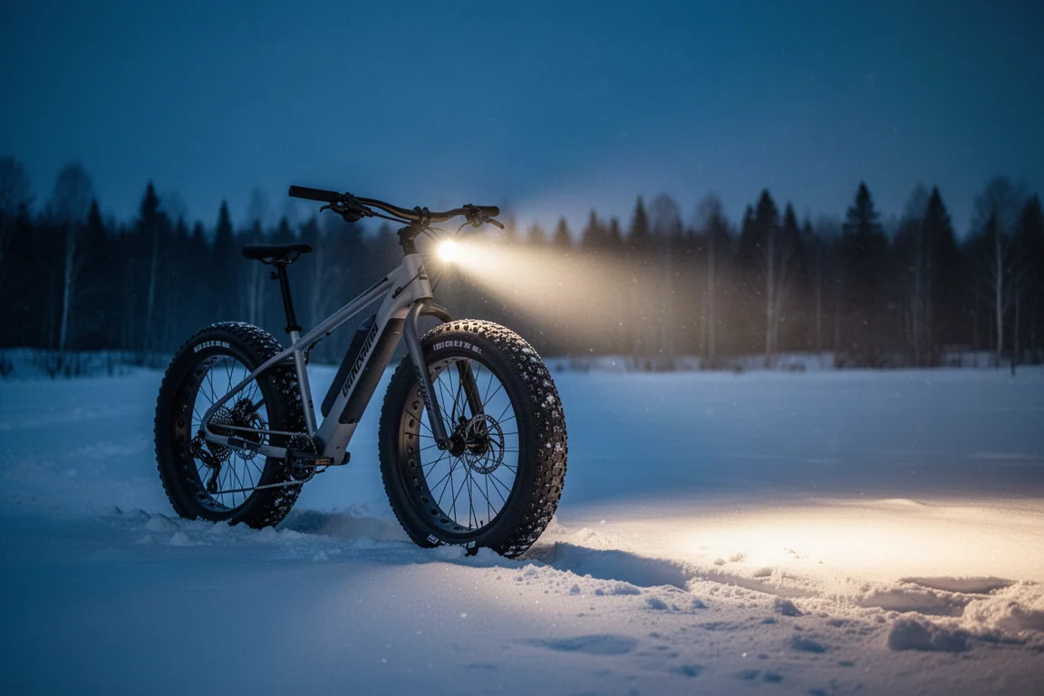 Radfahrer auf einem Fatbike bei Nacht auf verschneitem Boden mit hellem Scheinwerferstrahl