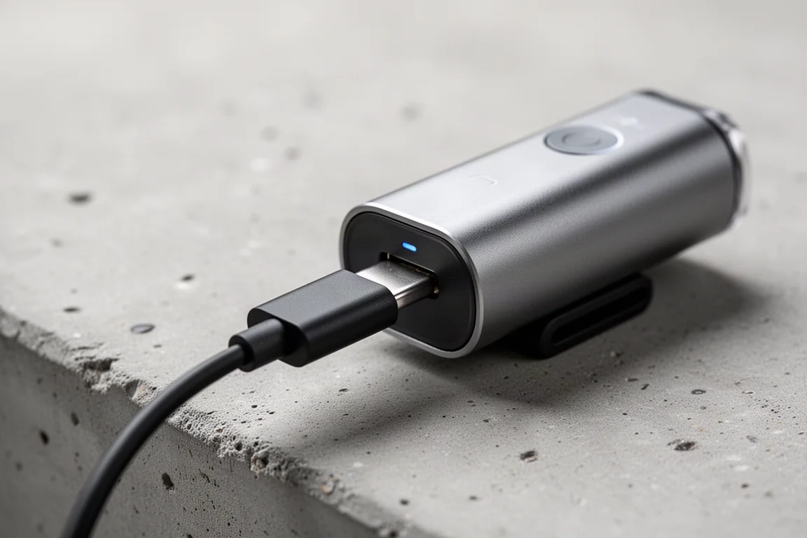 Nahaufnahme eines USB-C-zu-USB-A-Adapterkabels, verbunden mit einem Fahrradlicht