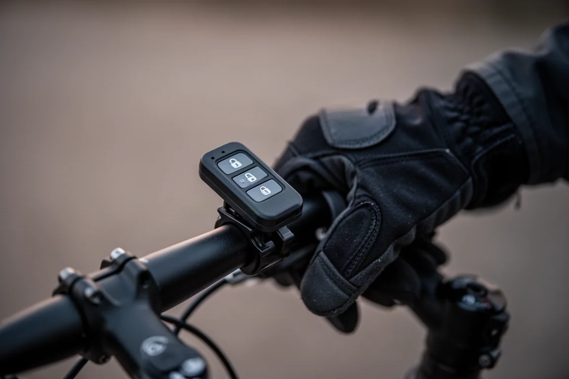 Kleine Funkfernbedienung, in der Nähe eines behandschuhten Hands am Lenker befestigt