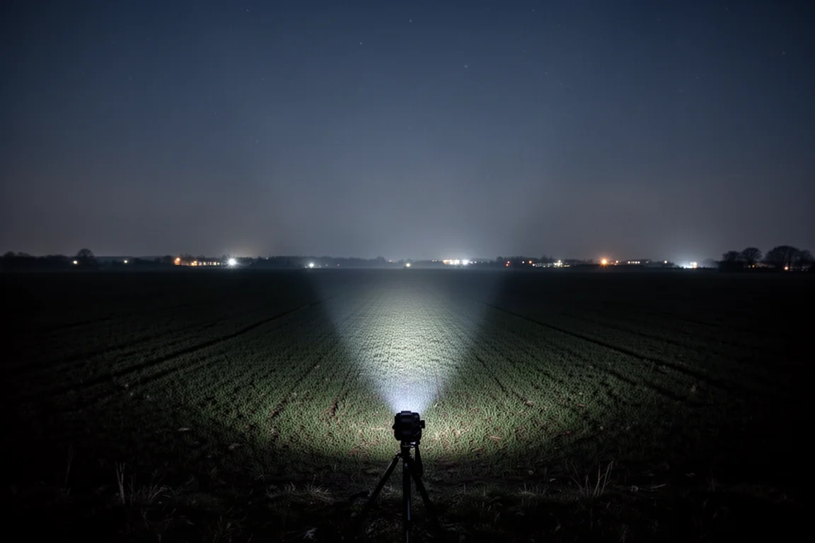 Weites offenes Feld bei Nacht mit gebündeltem Scheinwerferstrahl, der weit in die Ferne reicht