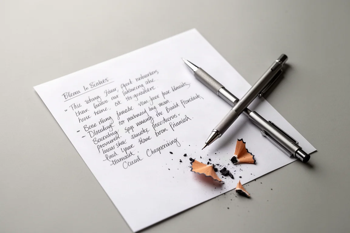 Appunti scritti a mano su carta accanto a una matita meccanica e trucioli di grafite