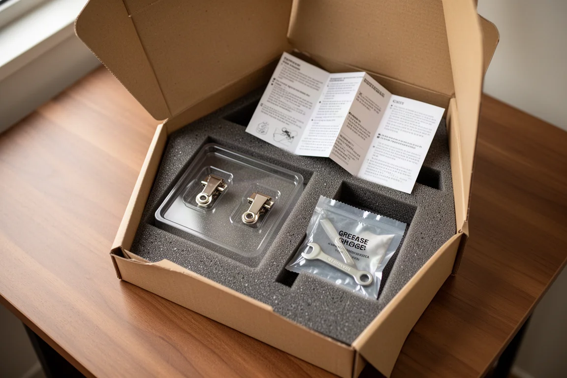 Presentación de una pluma estilográfica desembalada con insertos de espuma y una bandeja de plástico transparente