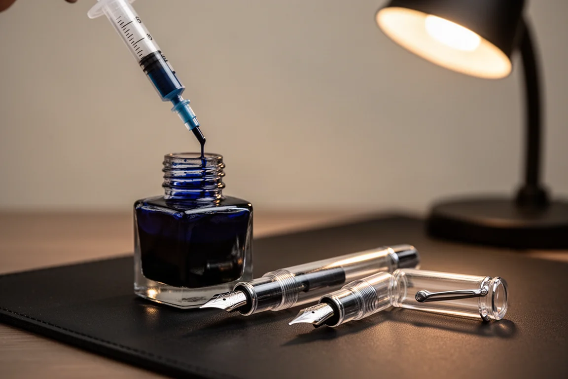 Jeringa llenando el depósito transparente de una pluma con tinta azul oscuro