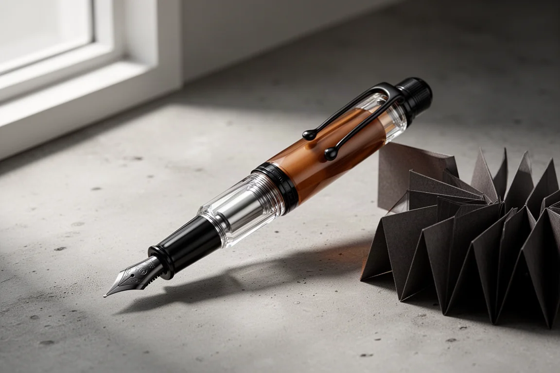 Faceted brown demonstrator fountain pen with aluminum grip and black trim on concrete