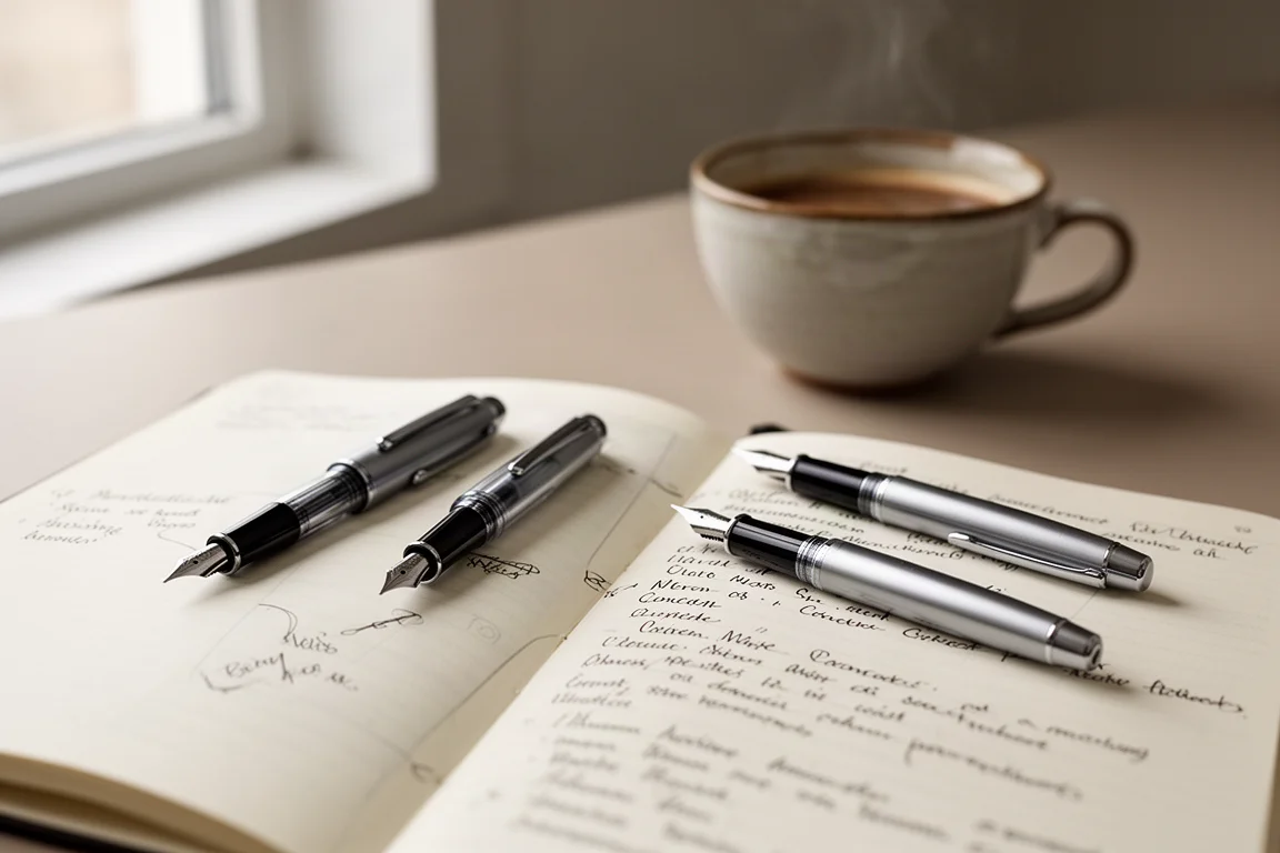 Two fountain pens resting beside an open notebook filled with handwritten notes