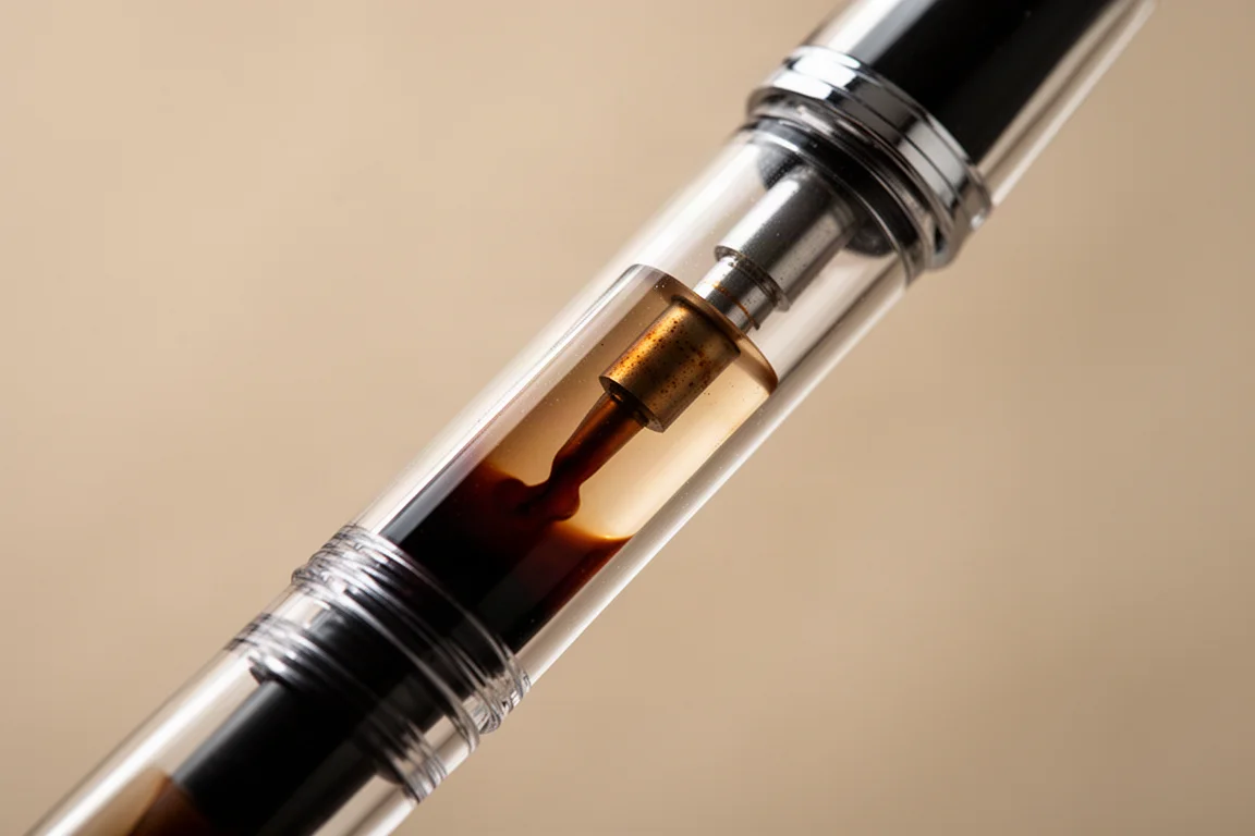 Close-up of a fountain pen filling with ink through a piston mechanism