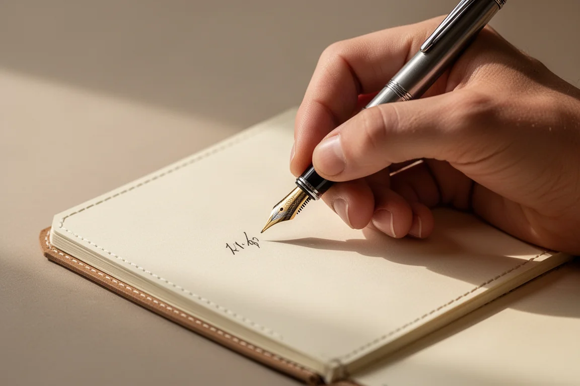 A hand taking notes with a fountain pen on cream paper in a relaxed grip