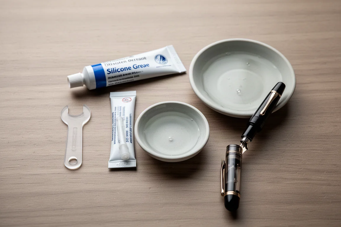 Fountain pen maintenance setup with a small wrench, silicone grease, and cleaning supplies