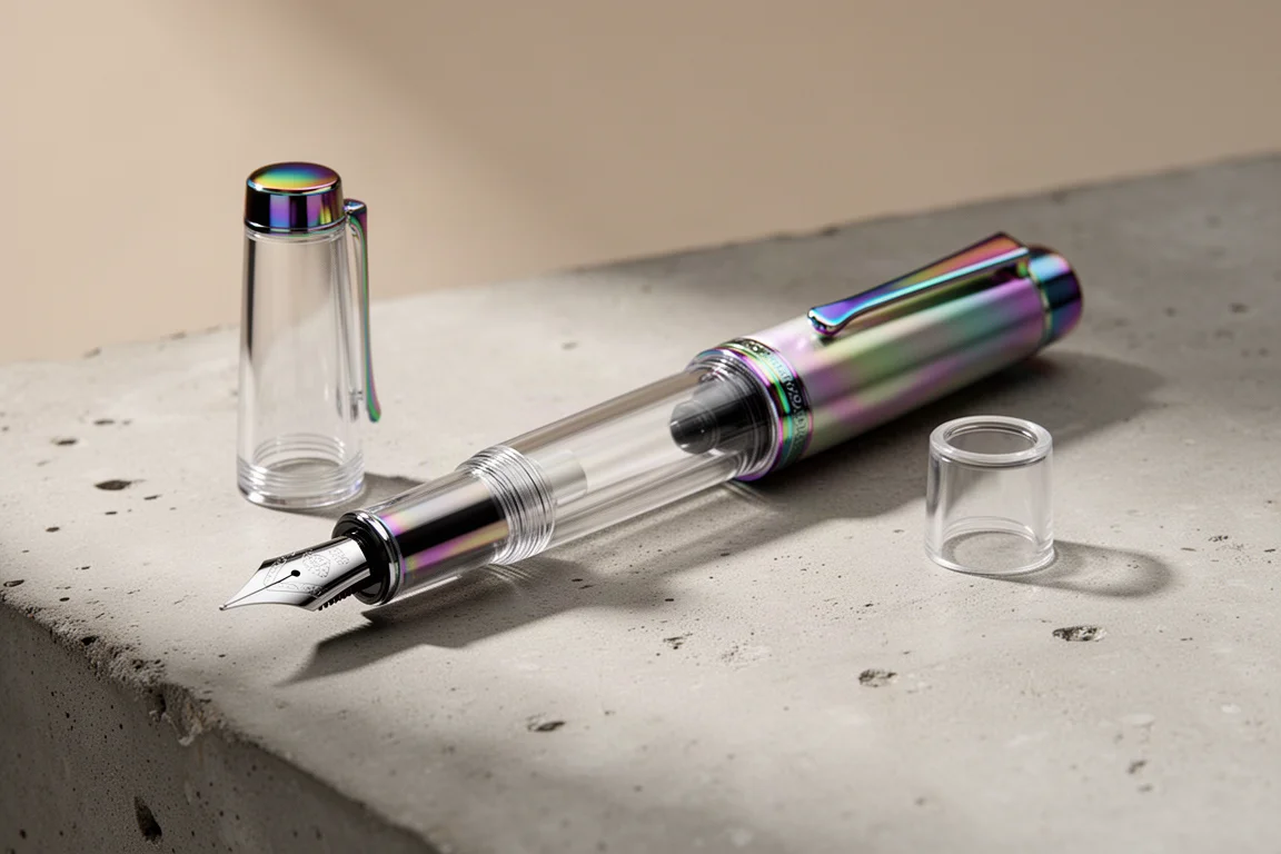 TWSBI Diamond 580 Iris 鋼筆,在混凝土表面上展現虹彩點綴