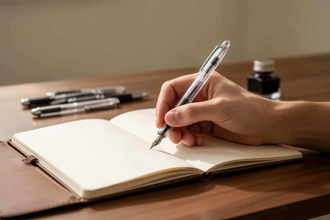 Mano escribiendo en un diario con una pluma estilográfica bajo luz suave del día