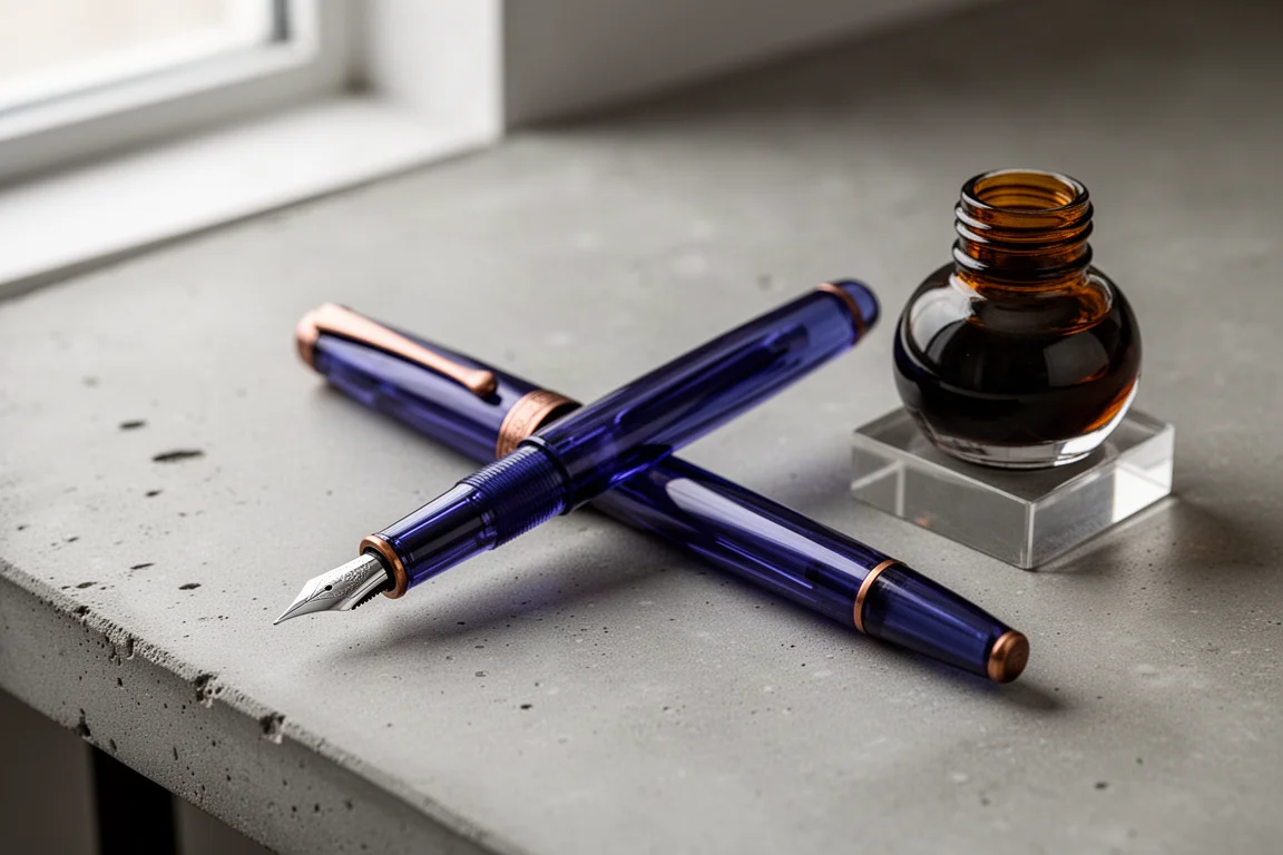Indigo fountain pen with bronze trim beside a brown ink bottle on a concrete desk
