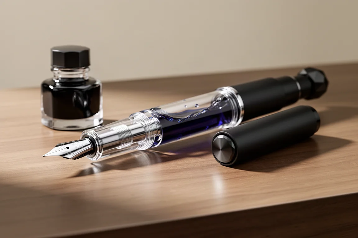 Transparenter TWSBI Eco Füllhalter mit sichtbarer blauer Tinte im Schaft
