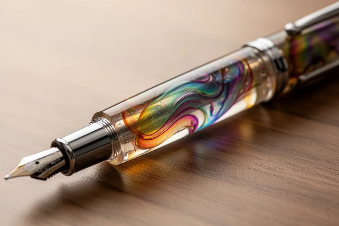 Schillernder Regenbogen-Federhalter aus Resin, der warmes Licht einfängt