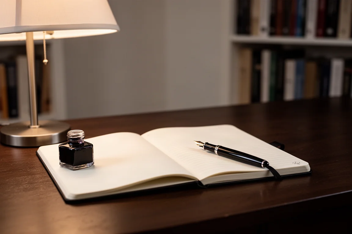 Journaling-Szene mit Füllfederhalter, Tintenflasche und Notizbuch auf einem Bibliothekstisch