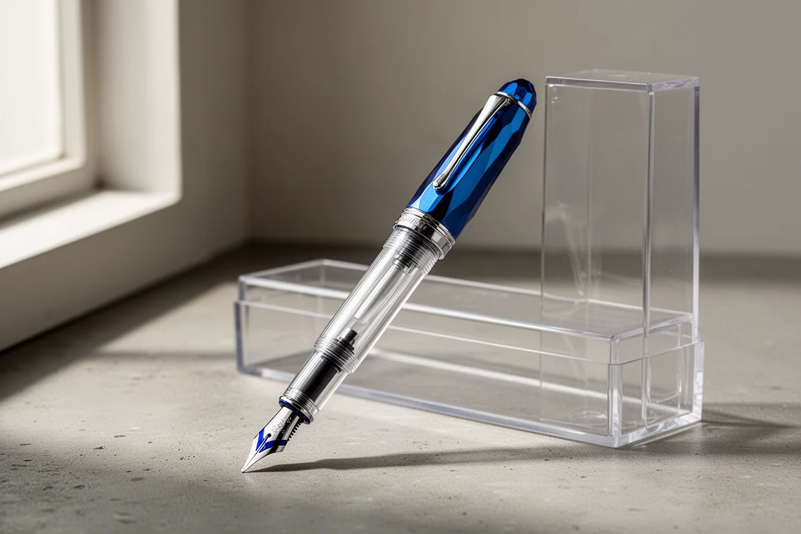 TWSBI Vac 700R Füllfederhalter mit transparentem Schaft und blauer facettierter Kappe neben seiner Kunststoffbox