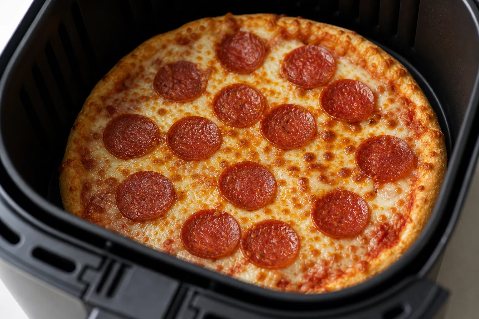 Fryst pizza med smält ost och pepperoni i en airfryer