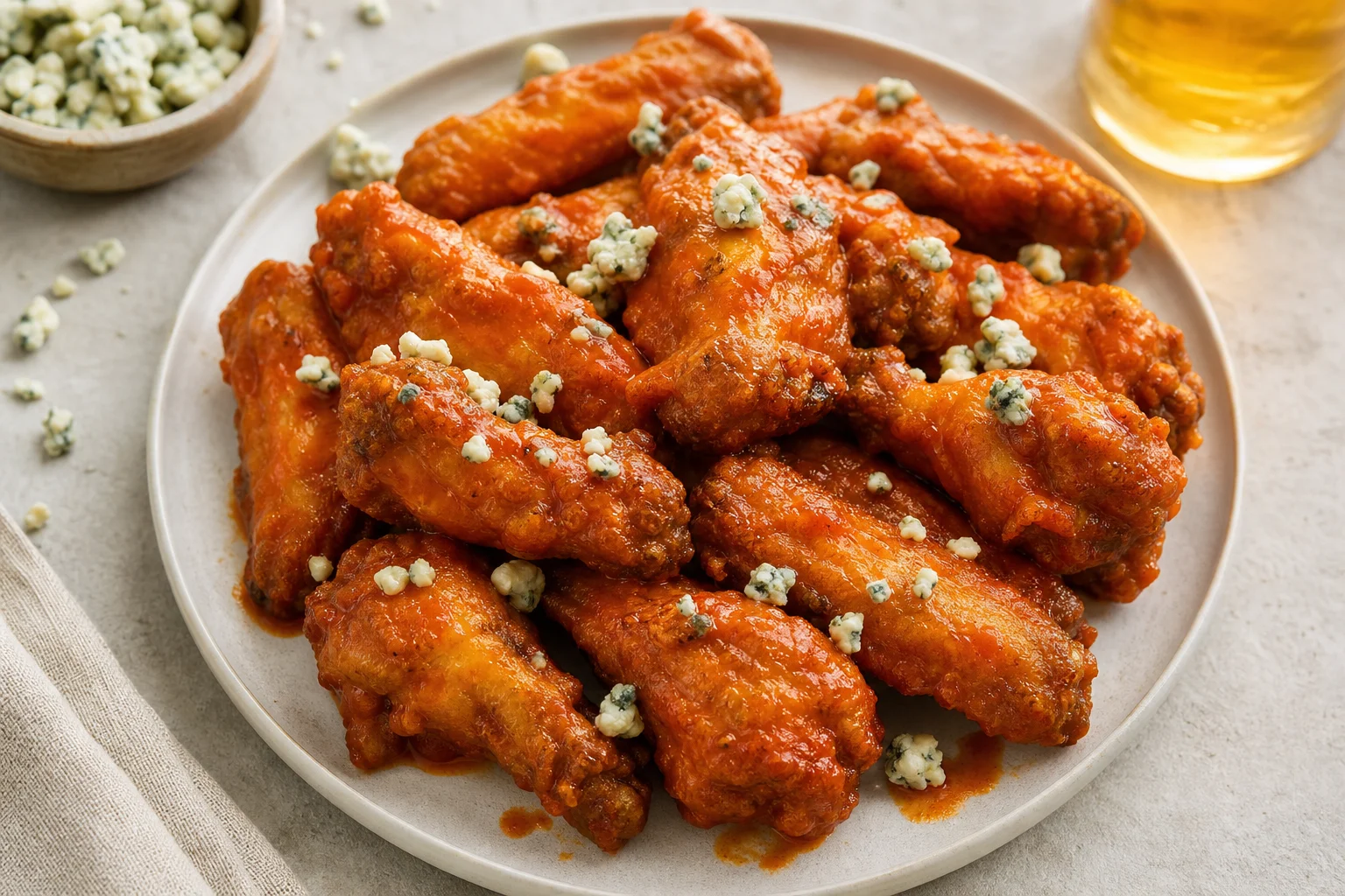 Gyllenbruna buffalo wings med ädelostdipp på en tallrik