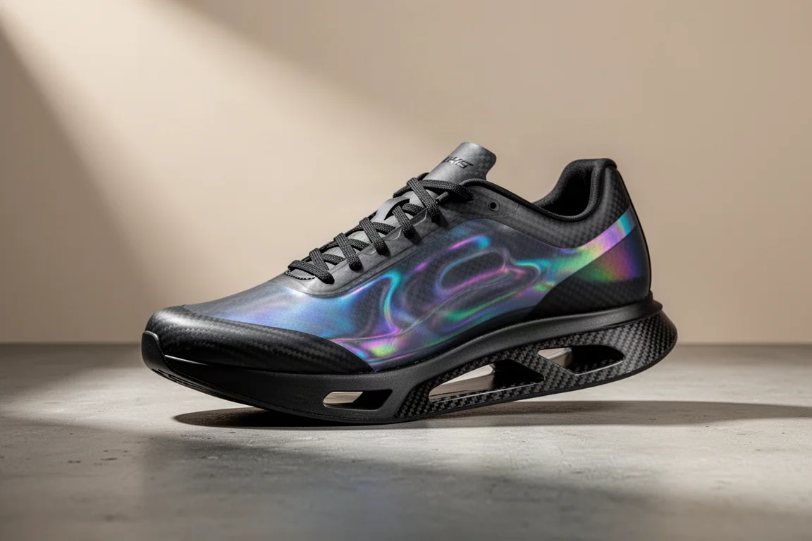 TYR Carbon-Rennschuh mit irisierendem Obermaterial auf einer Betonoberfläche