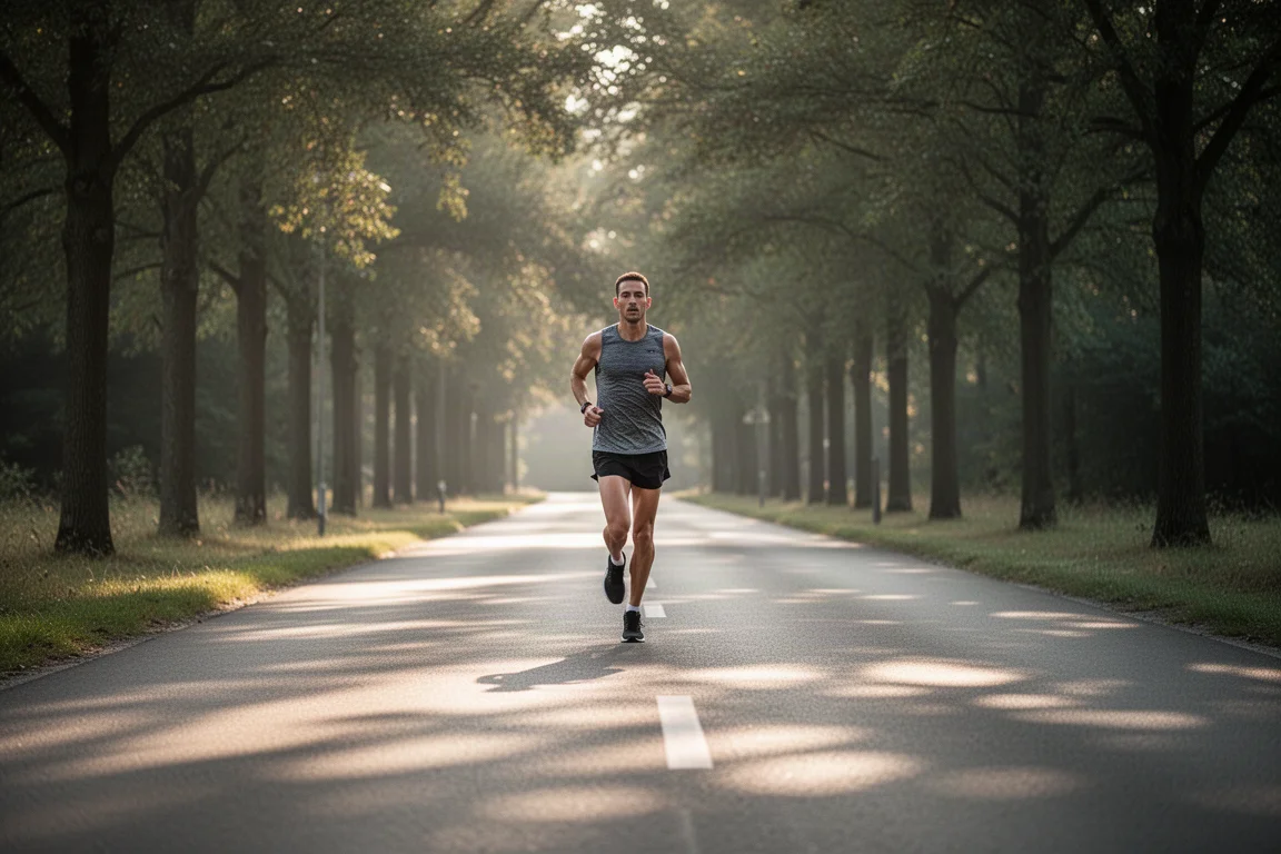 Hardloper rustig aan het rekentrainen op een stille, met bomen omzoomde weg