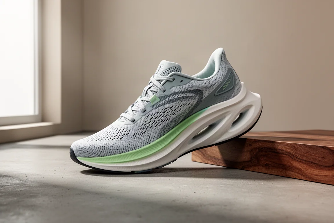 Tall-stacked cushioned road running shoe on a concrete surface