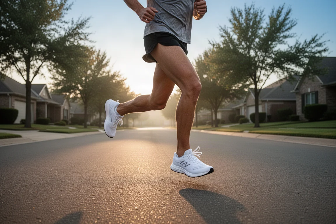 Läufer in einem leichten Trainingsschuh, der auf ruhigen Vorortstraßen ein entspanntes aerobes Tempo hält