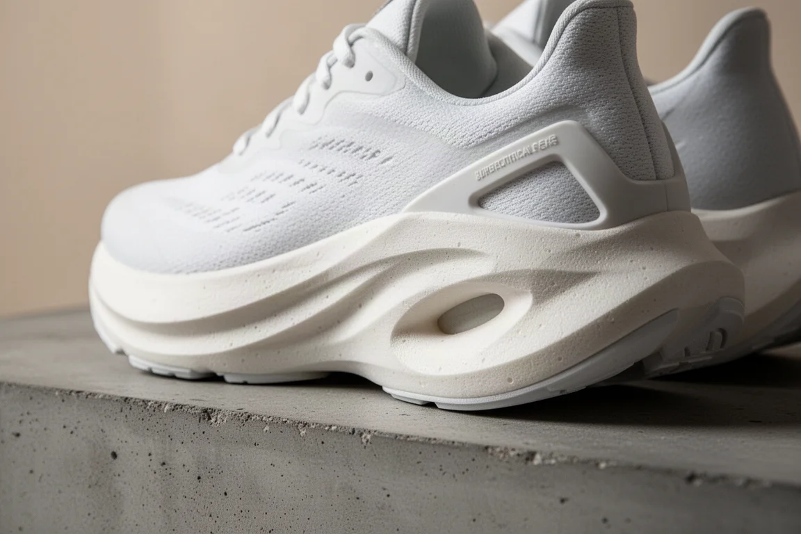 Nahaufnahme einer geformten Schaumstoff-Zwischensohle mit eckigem Fersenausschnitt an einem Laufschuh
