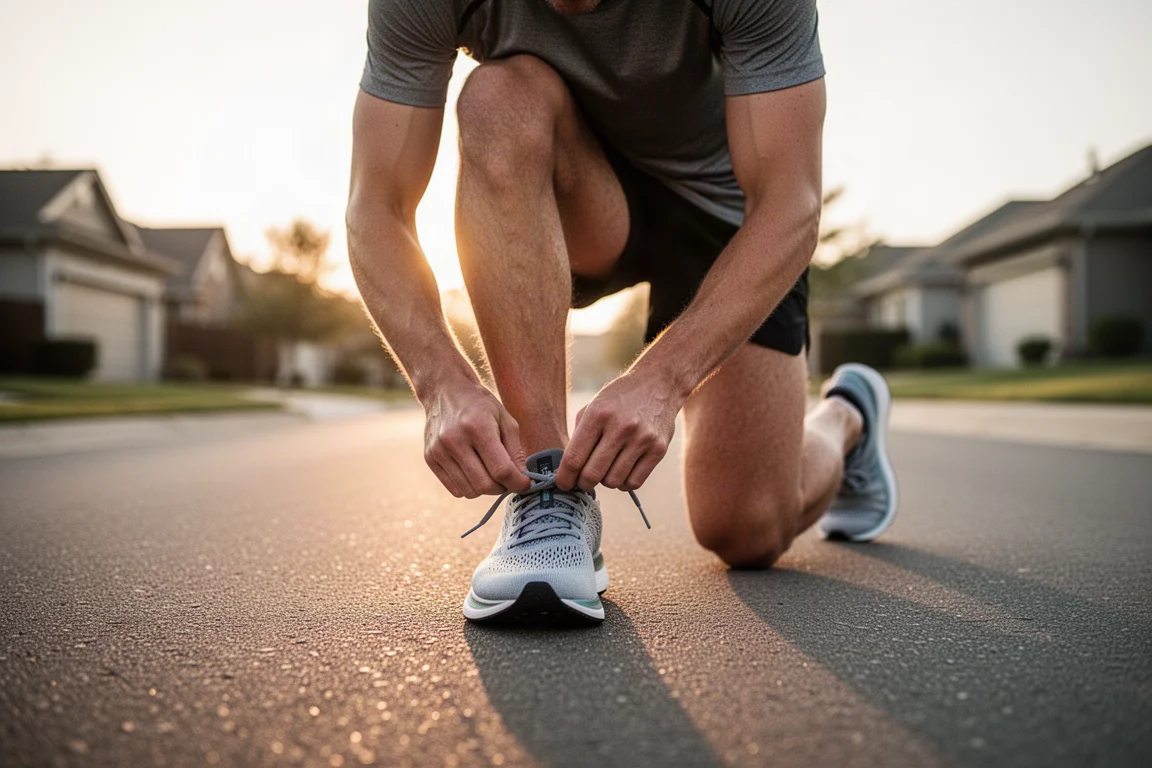 Runner lacing up a lightweight running shoe on a quiet road in soft morning light