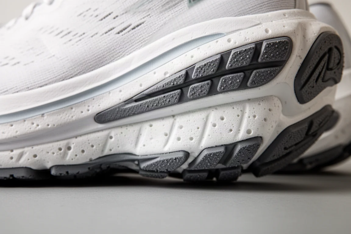 Close-up of the thick midsole foam and outsole rubber of a running shoe