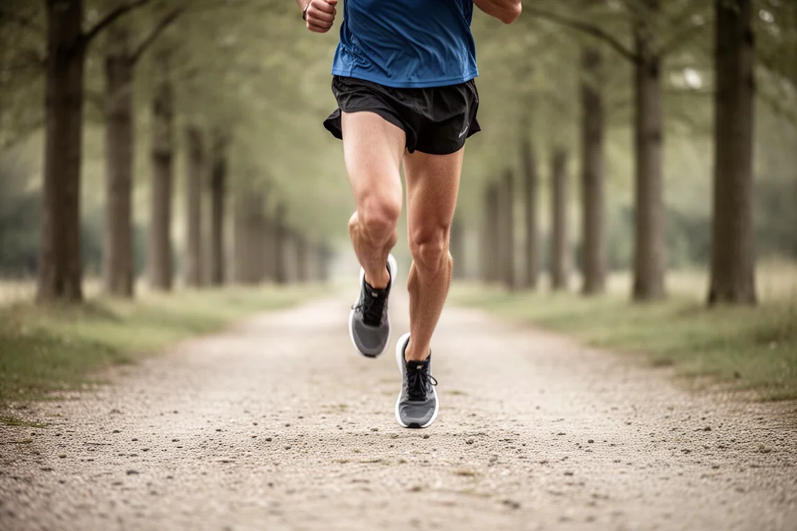 Runner holding tempo pace on a tree-lined path