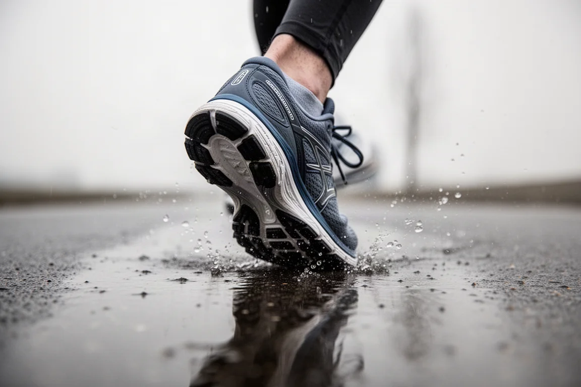 Running shoe outsole gripping wet pavement on a rainy day