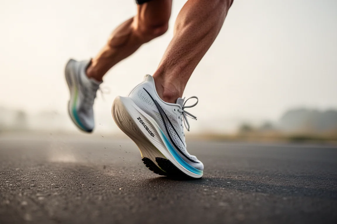 Runner che atterra con l'avampiede su asfalto liscio al ritmo di gara