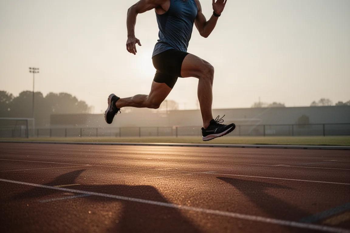 Runner che completa ripetute veloci a soglia in pista al tramonto