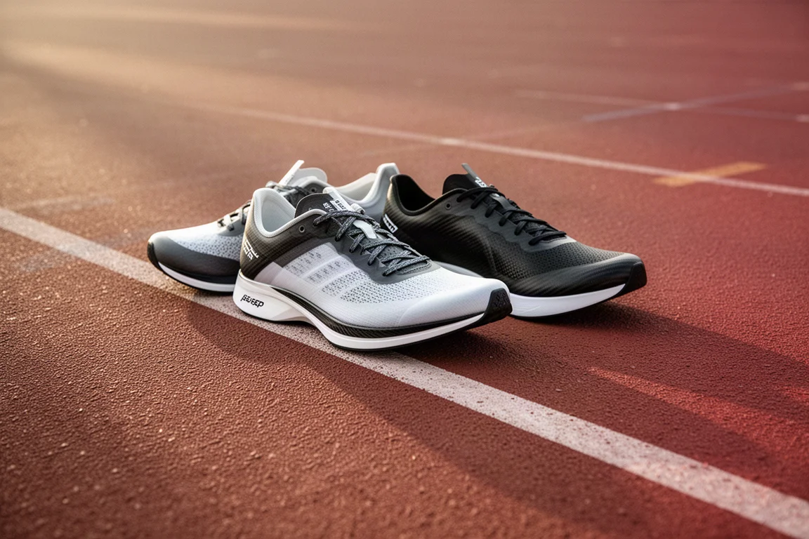 Tre scarpe da gara allineate sulla separazione di una corsia di pista