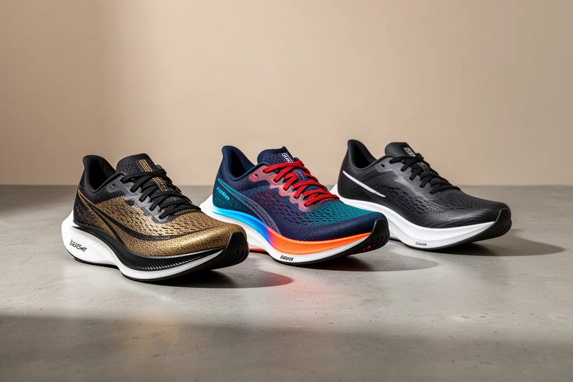 Drei leichte Carbon-Racing-Schuhe auf einer Betonoberfläche angeordnet