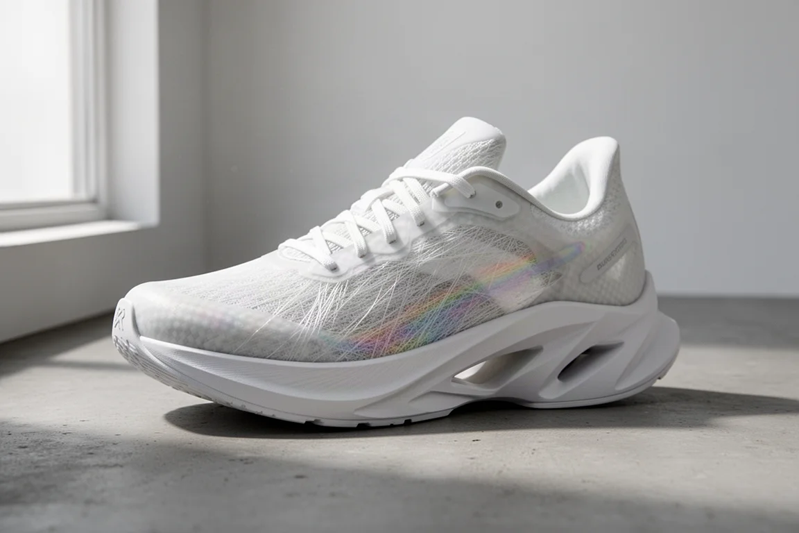 All-white carbon plated running shoe with translucent iridescent upper on concrete