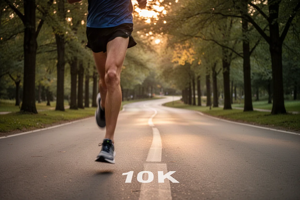 Läufer in Bewegung auf einer 10K-Straßenstrecke durch einen stillen Stadtpark