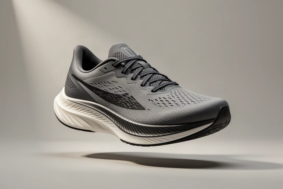 Scarpa da running leggera con piastra in carbonio su uno sfondo grigio neutro