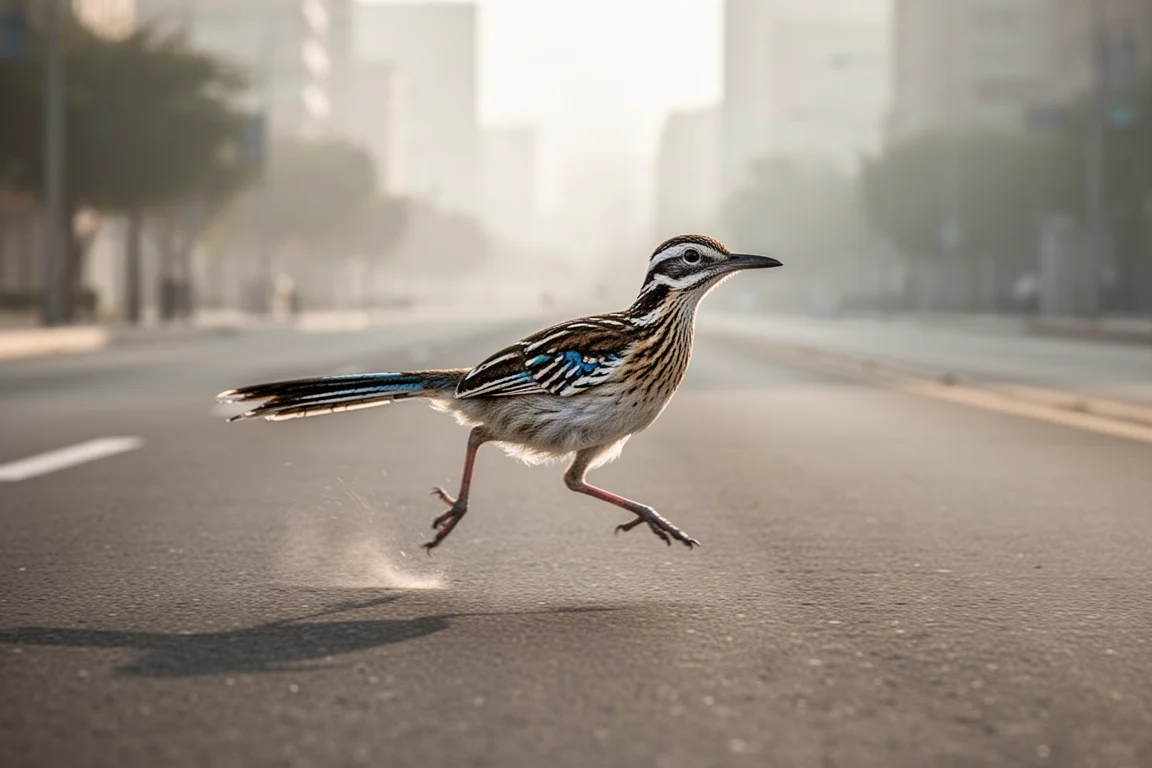 Runner mid-stride on an open road at a fast training pace