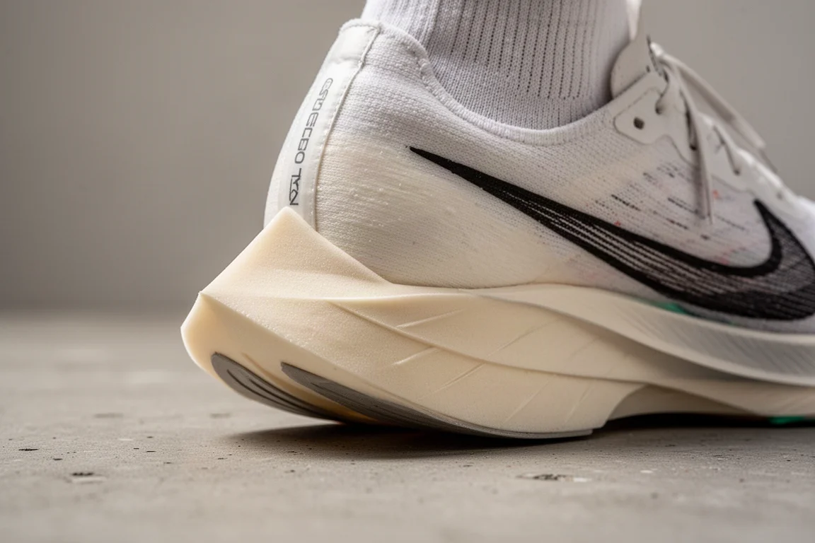 Close-up of a super shoe heel bevel and rocker geometry on a studio surface