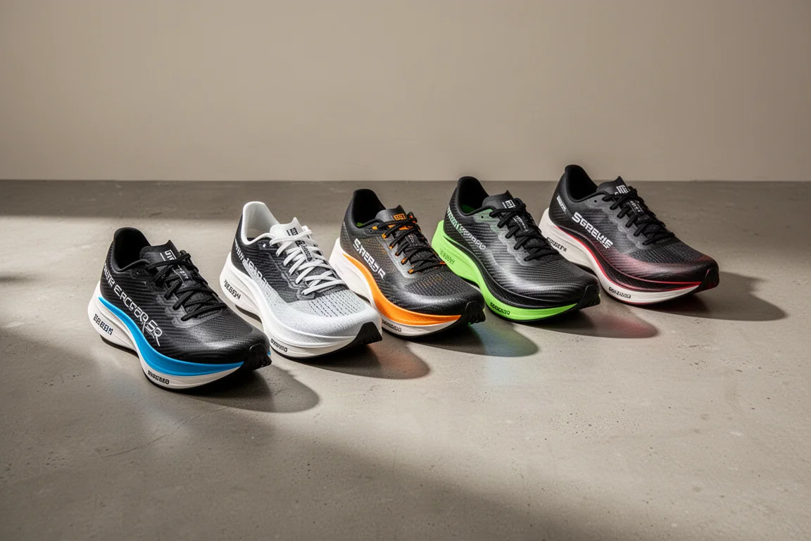 Row of modern racing super shoes side by side for comparison