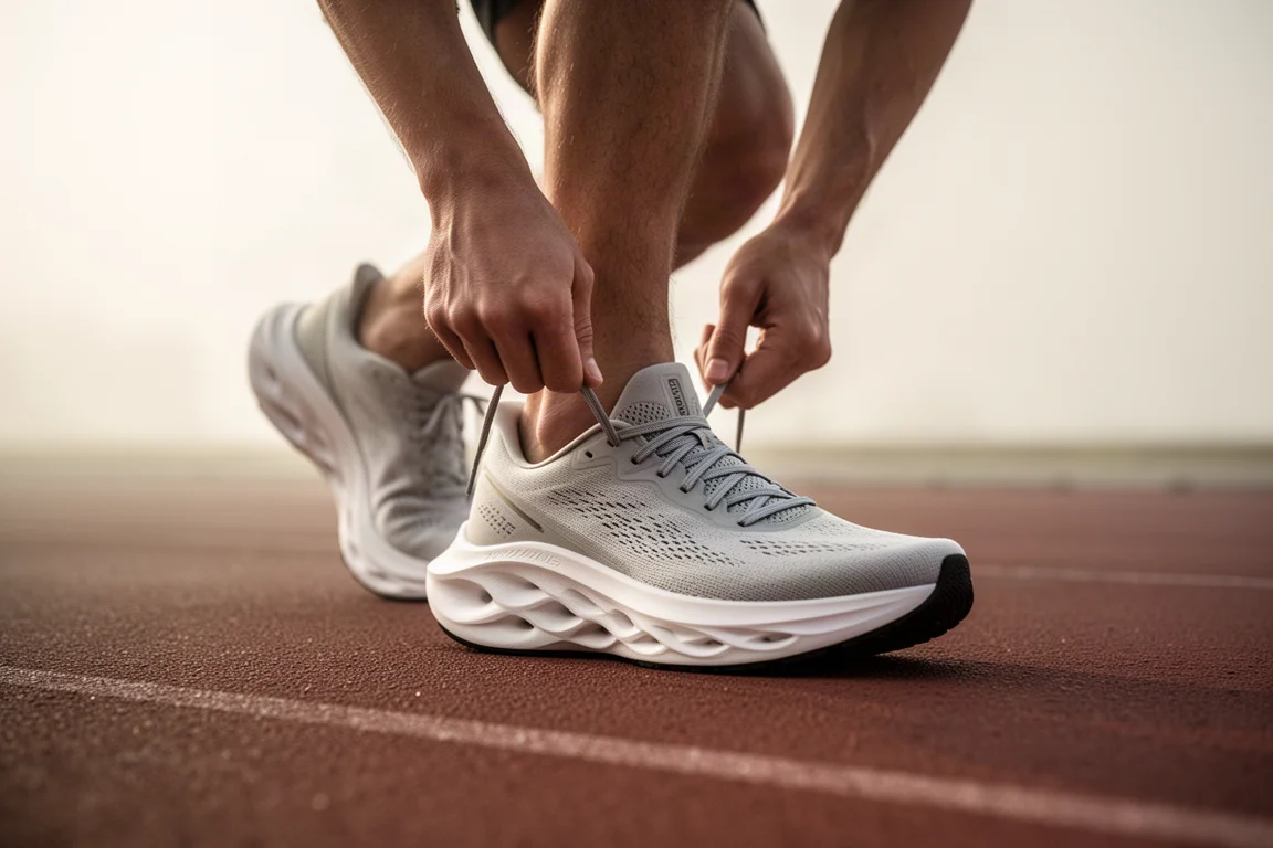 Corredor ajustando los cordones de una zapatilla de running de suela gruesa en una pista con luz matutina