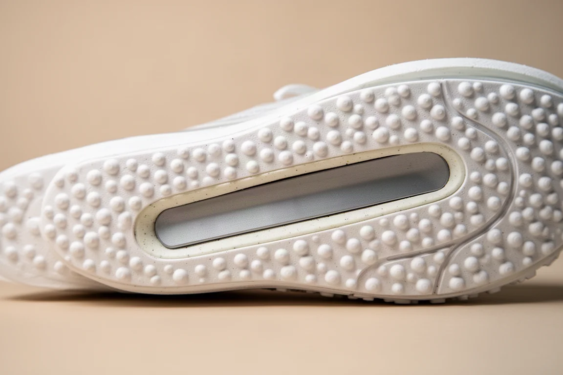 Primer plano de una mediasuela de Pebax con perlas y una ventana de placa de nailon en una zapatilla de running