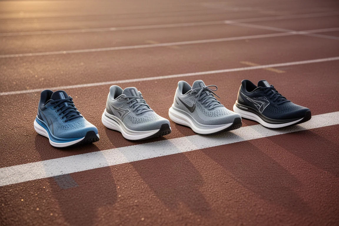 Cuatro zapatillas de running alineadas en el separador de carriles de una pista para compararlas