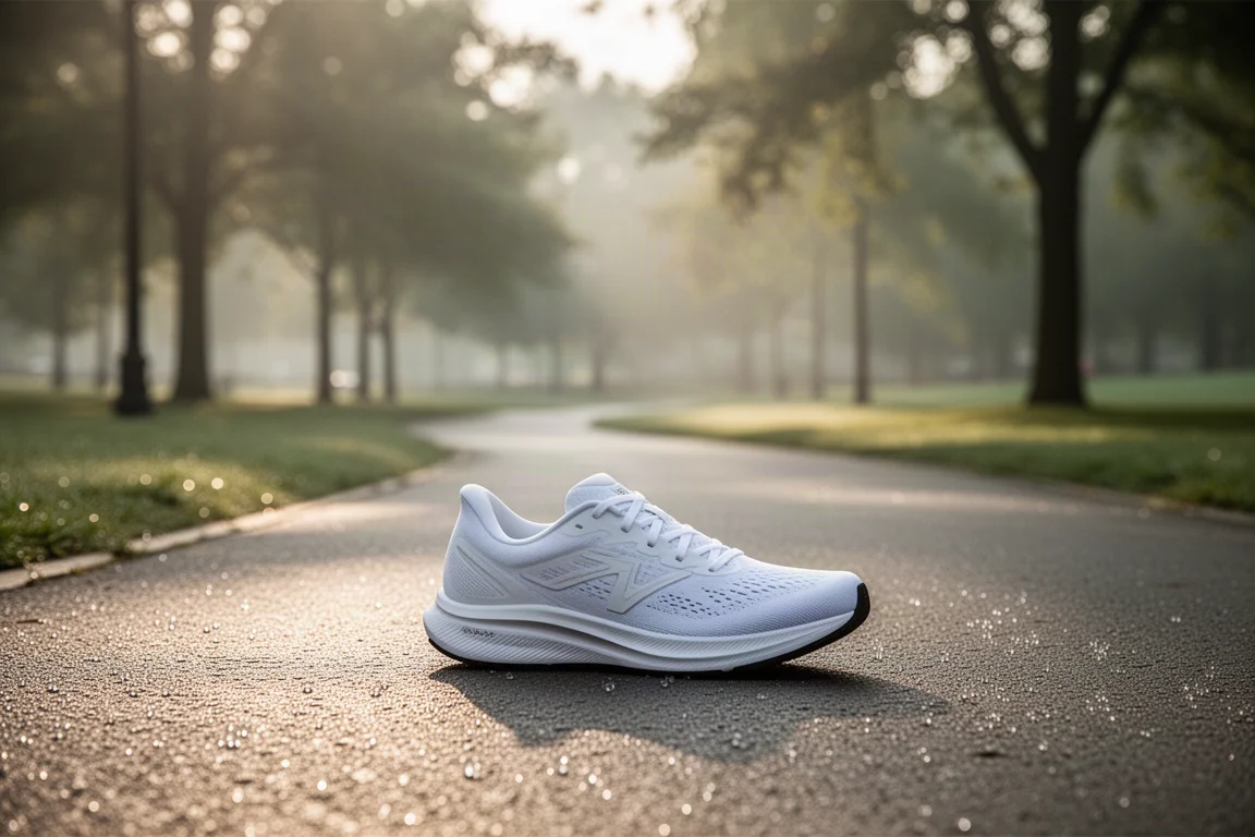 Plated running shoe on a sunlit running path early in the morning