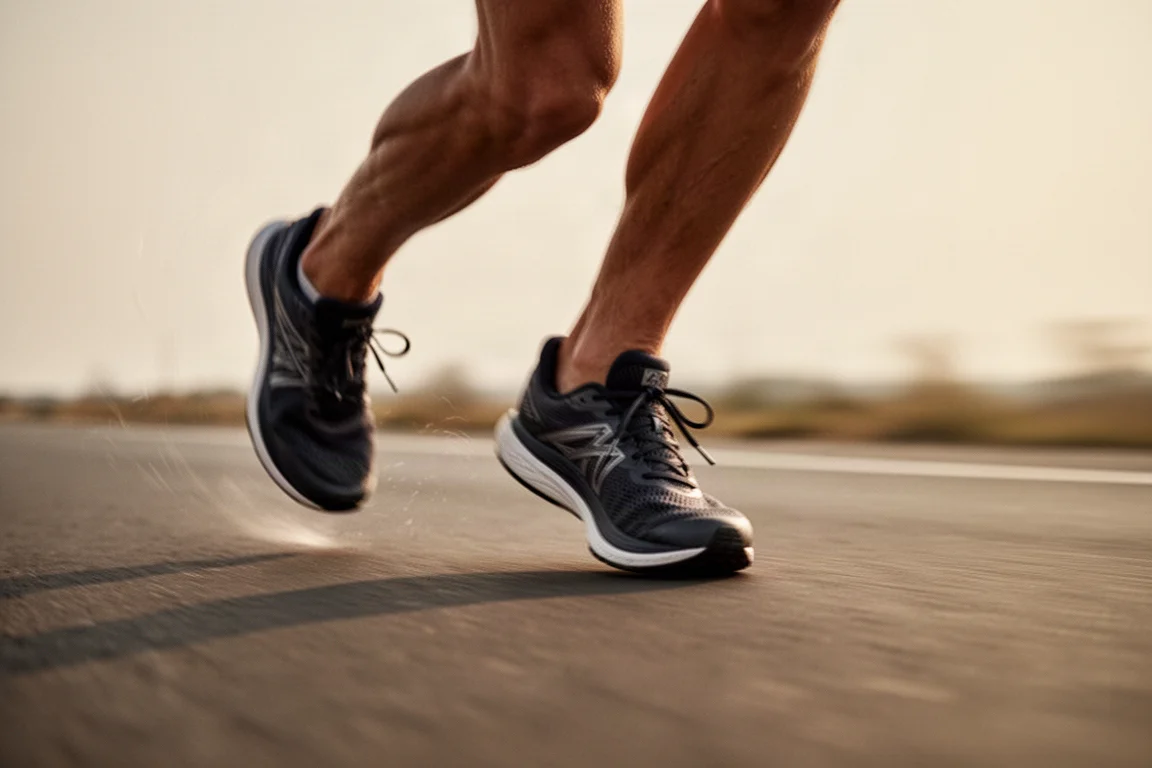 Close-up of a runner's midfoot landing on paved road during faster running