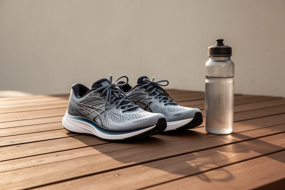 Runner resting after a long run with shoes lined up on a wooden deck