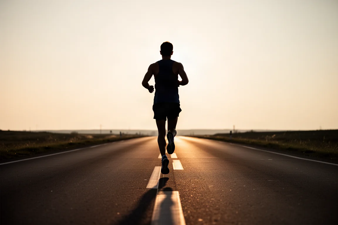 Runner finishing a tempo effort on an open road at golden hour