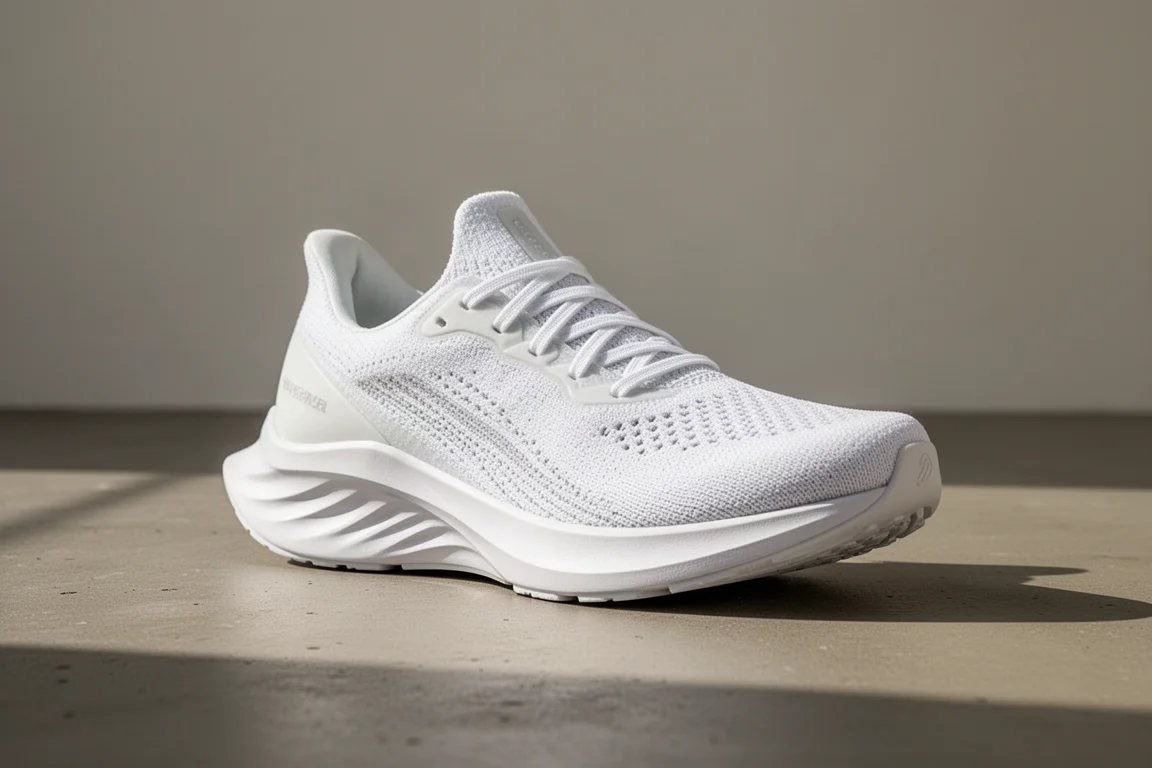 White plated running shoe photographed at a three-quarter angle on concrete