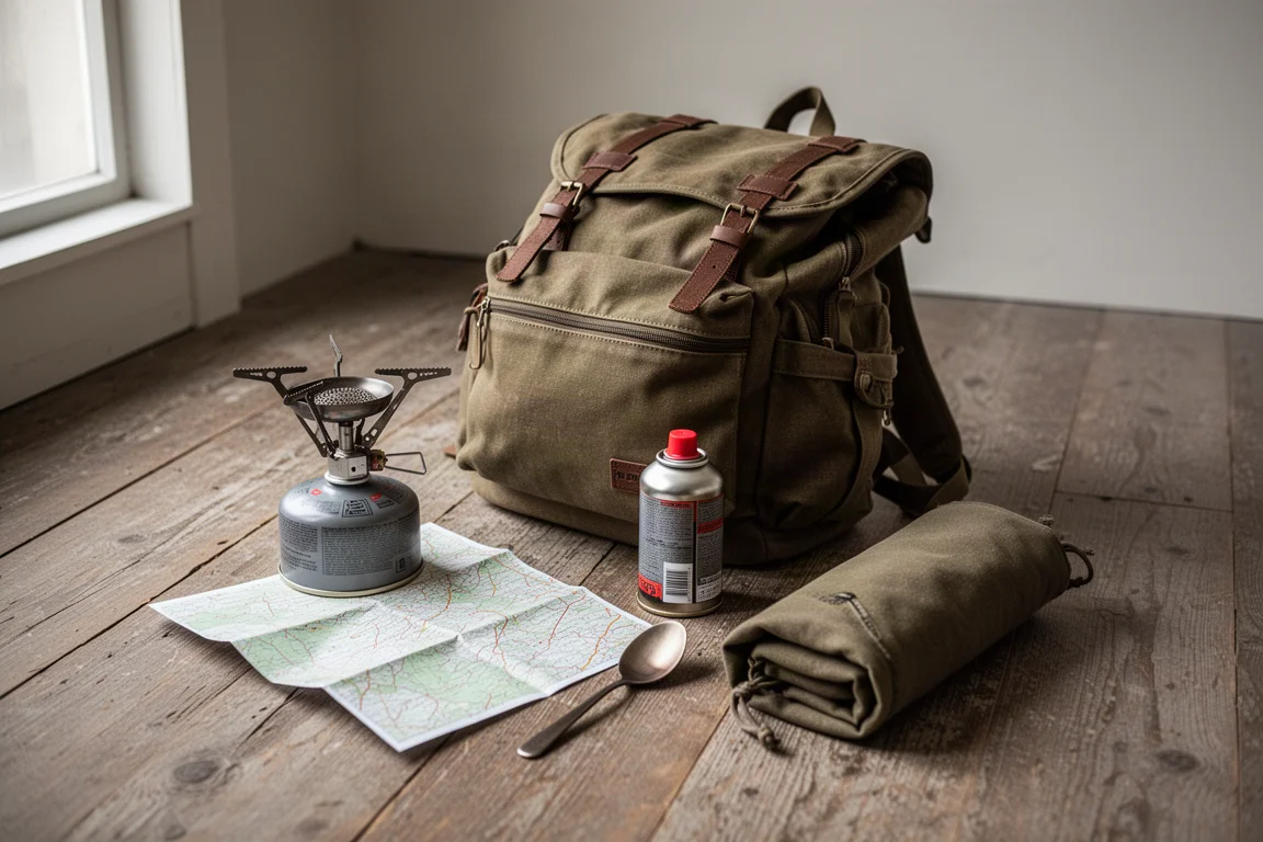 Ovanifrån platt layout av backpackingutrustning och en genomskinlig zip-påse på betong