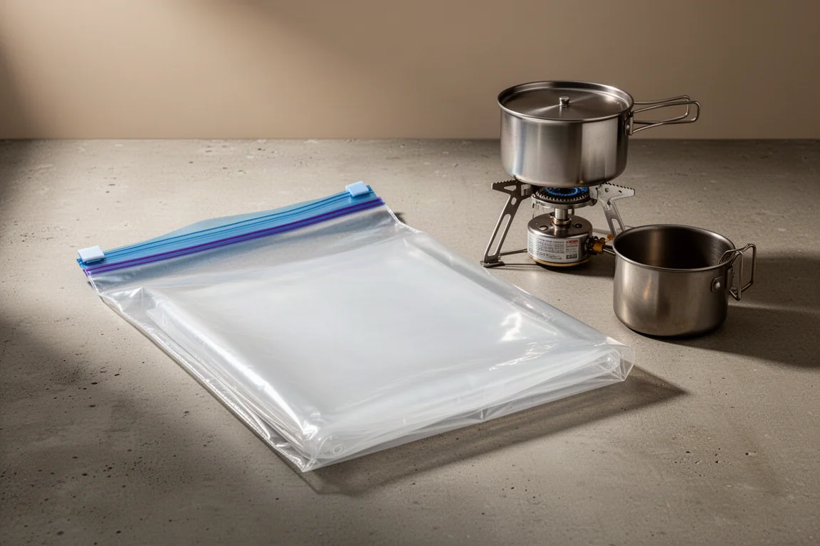 Large thick clear reusable plastic bag on concrete beside a camping stove and pot